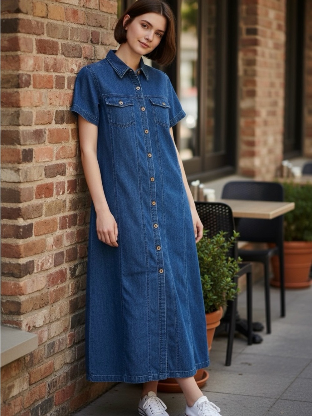Vintage 100% Cotton Denim Button Down Maxi Dress Size Small